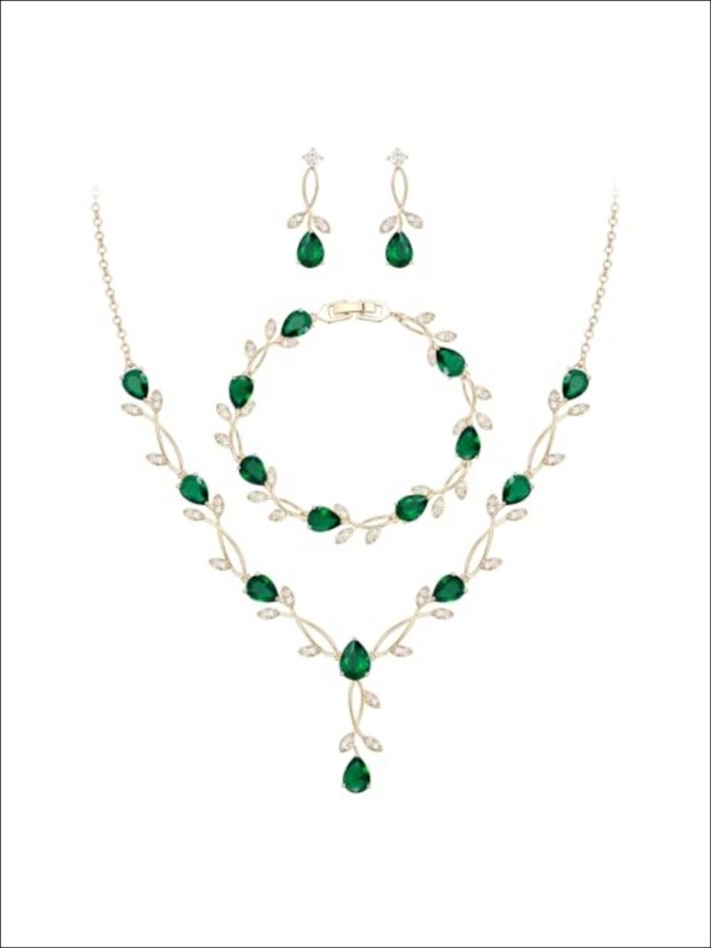 Cubic Zirconia Pearl Leaf Bridal Jewelry Set Necklace Earrings Bracelet